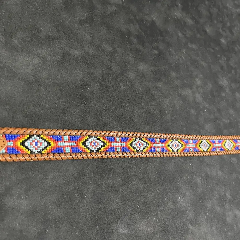 Vintage Beaded Leather Western Belt Men Polo 32 Multicolor Navajo Pattern Buckle